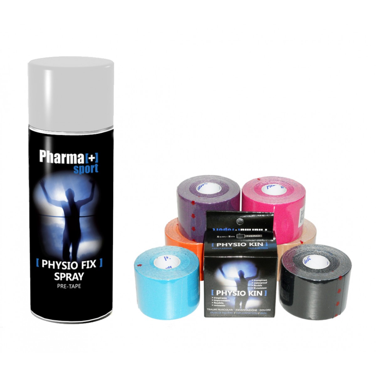 6 KINESIO PHYSIO KIN COLORI A SCELTA CON SPRAY PRE TAPE in promozione