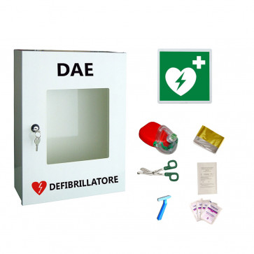 ARMADIETTO PORTA DEFIBRILLATORE CON KIT SOCCORSO BLSD E SEGNALETICA DAE-31